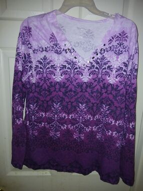 White Stag Purple Ombre V-Neck Long Sleeve Top with Stud Accents